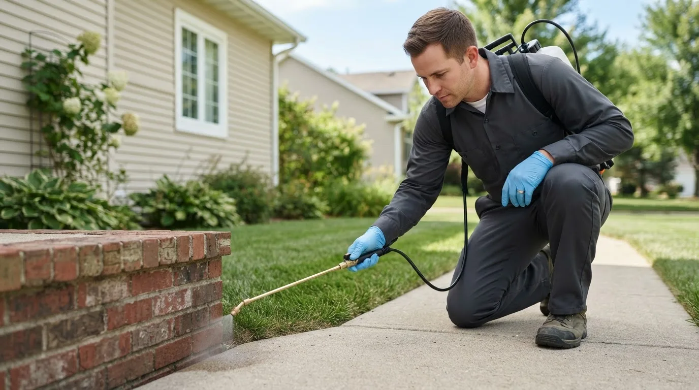 Pest control technician treating a home near Dunreith, IN